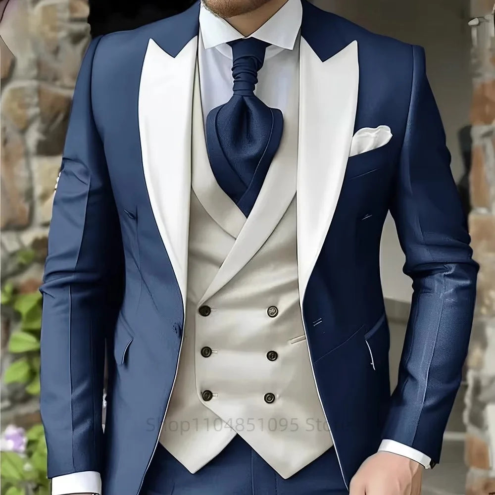 Pink Men's Elegant Peak Lapel Tuxedo 3-Piece Suit with Blazer Vest And Pants Set for Formal Business Prom Grooming