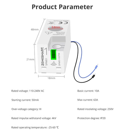 Zemismart Zigbee WiFi 63A MiNi Energy Meter Electric Monitor Sensor Work with Tuya Smart Zigbee2mqtt Home Assistant Homey SPM01