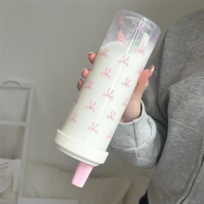 500/700Ml Pink Bow Water Cup With Straw Coffee Bubble Milk Tea Plastic Cup Large Capacity Students Water Bottle Straw Bottle