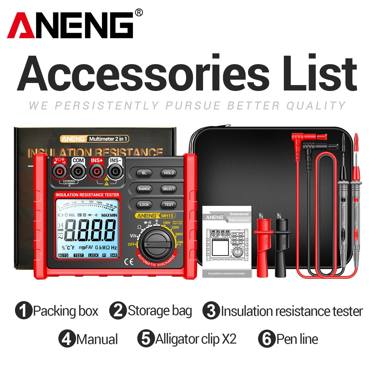 ANENG MH15 Digital Megohmmeter 1000V High Voltage Insulation Test 2000MΩ High Resistance Measurement Electrical Testing Artifact