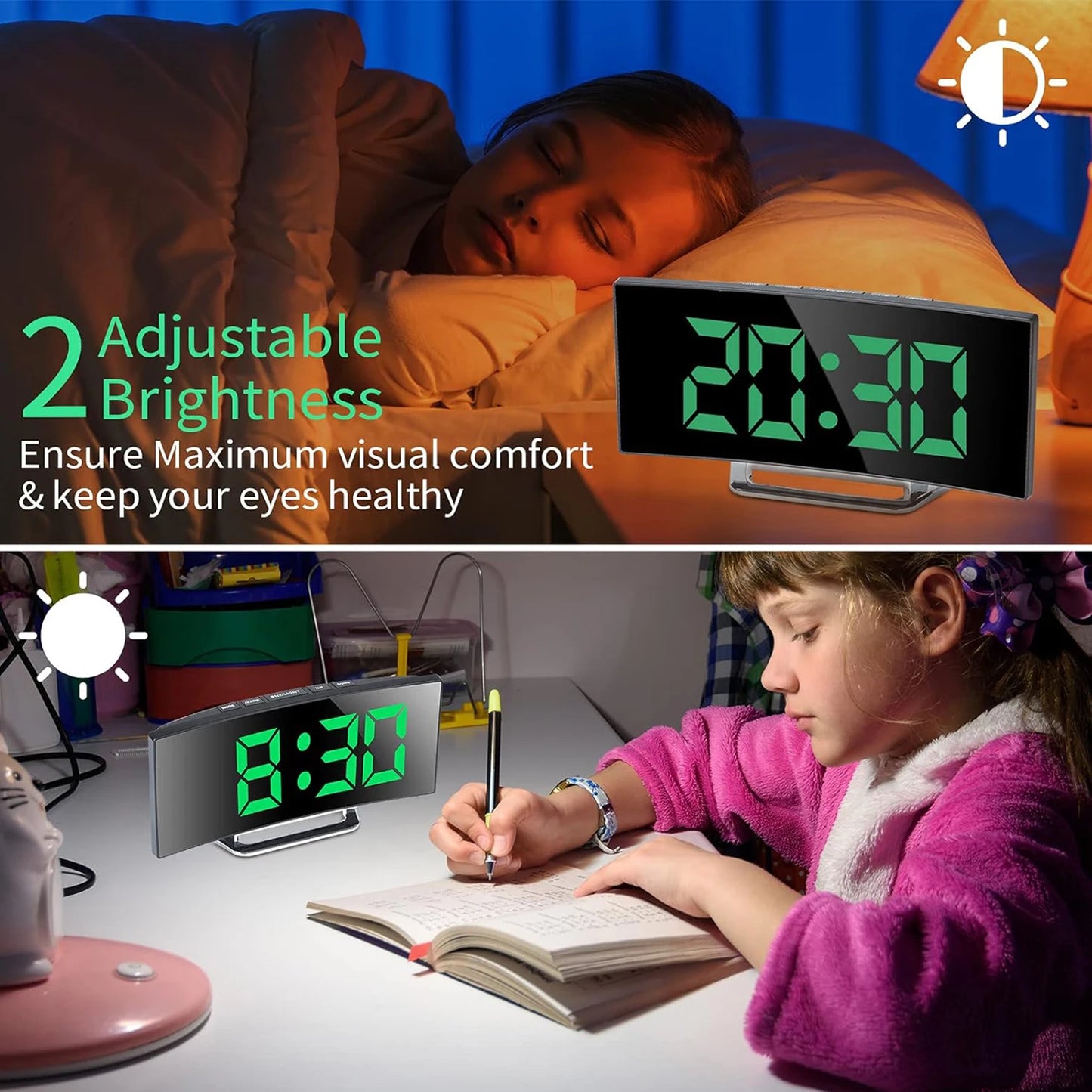 LED Alarm Clock 7'' Mirror Electronic Clock Large Scree Curved Digital Alarm Clock with 5-Min Snooze for Home Bedroom Office