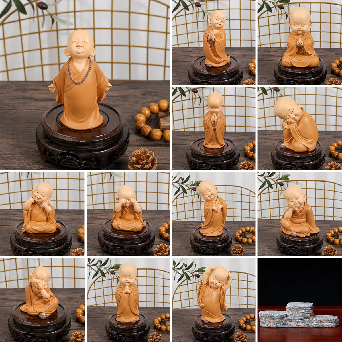 Mini Little Monk Statue Resin Monk Figurine Cute Buddha Monk Statue Decoration Home Living Room Desktop Ornament Children's Gift