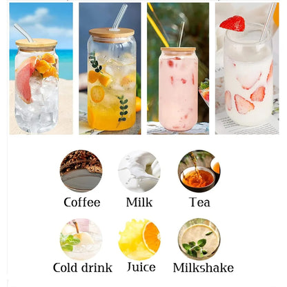 16oz Glass Drinking Cup Comes with A Bamboo Lid and A Glass Straw Suitable for Cocktails Coffee Beverages Etc.
