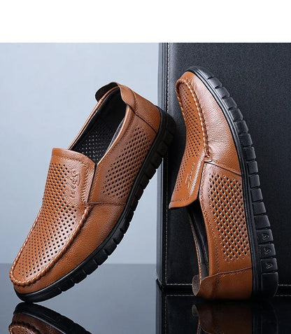 Men's Slip-On Loafers Summer Hollow Out Breathable Casual Shoes Comfortable Soft Sole Anti-Slip Leather Shoes-8822