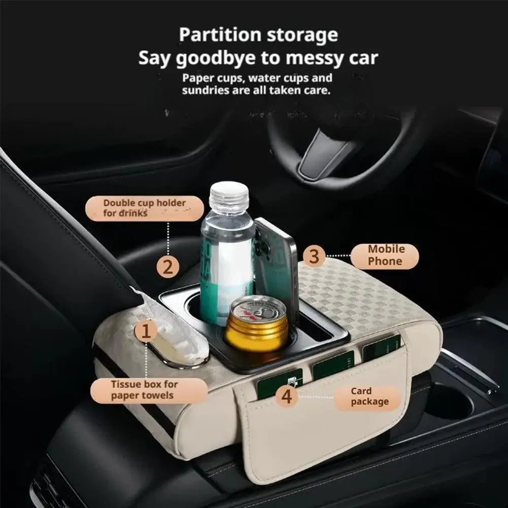 4 in 1 Car Center Console Armrest Cushion Height Increasing PU Leather Tissue Box Cup Holder Storage Pad Universal Fit
