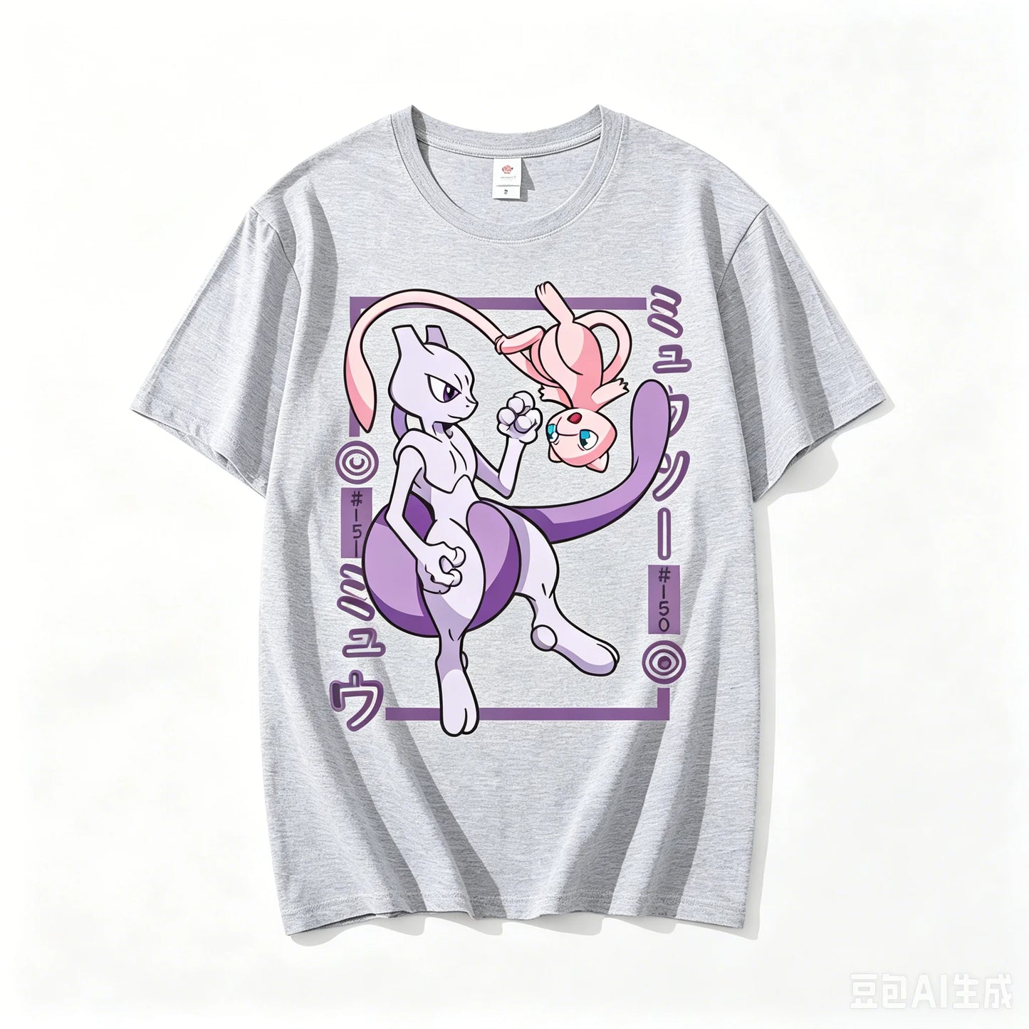 Pokémon Mewtwo Mew Printed Pure Cotton T-shirt for Men and Women Spring/Summer New Collection Fashion Short Sleeved Shirt