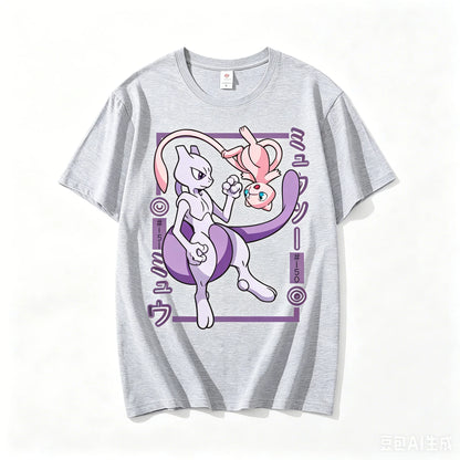 Pokémon Mewtwo Mew Printed Pure Cotton T-shirt for Men and Women Spring/Summer New Collection Fashion Short Sleeved Shirt