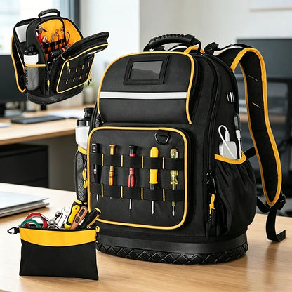 Heavy-duty tool backpack with detachable tool storage pockets, large capacity storage bags, and multi-functional slip pockets.