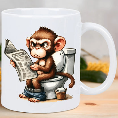 Funny Monkey on Toilet Ceramic Coffee Mug – Reusable, Hand-Wash Only – Humorous Cartoon Design with Detailed Illustration