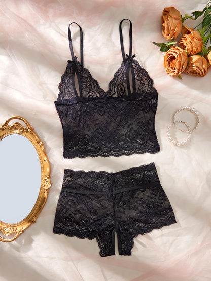 Women Black Open-Back Lace Two-Piece Panties Underwear Sleep Set