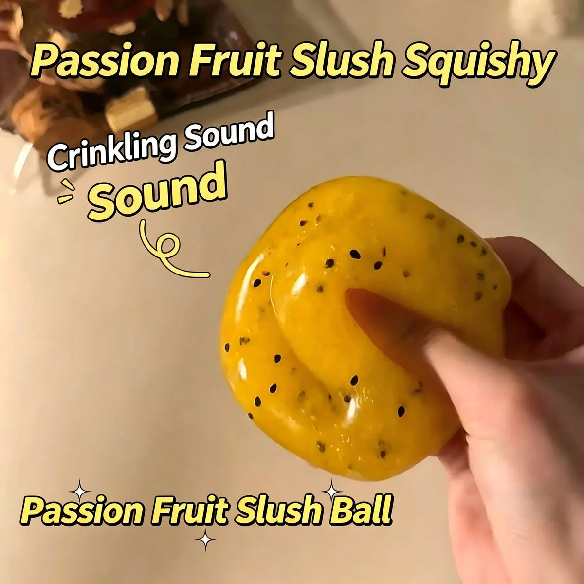 Passion Fruit Vaseline Filling Squeeze Ball, Yellow TPR Squishy Fidget Toy with Black Seeds, Crinkling Sound Ice‑Slush Texture