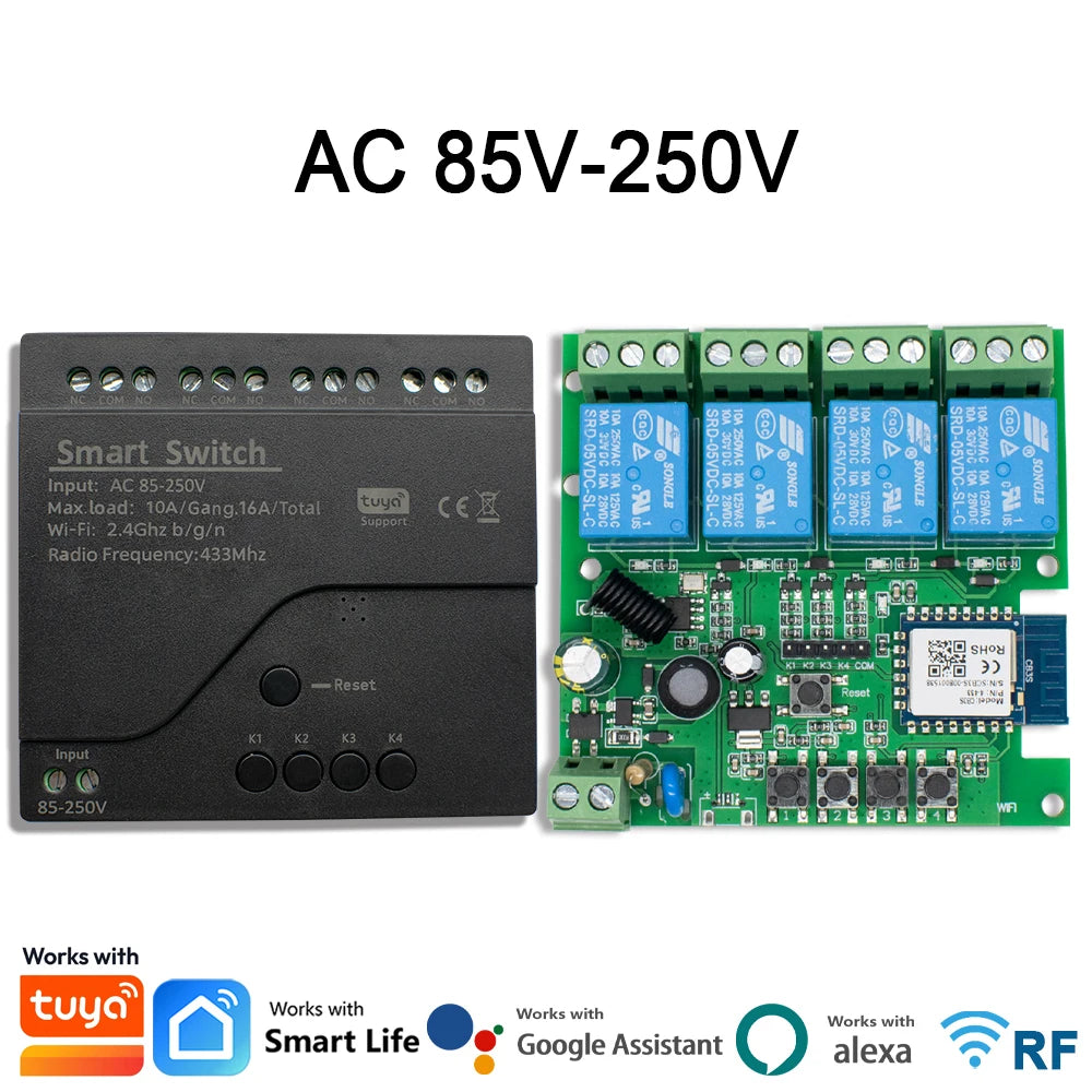 4CH Wifi Relay Smart Wireless Switch Module 4 Channel 7-32V 85-250V 220V 110V 2200W RF433 4 Way Receiver Works with Tuya Alexa