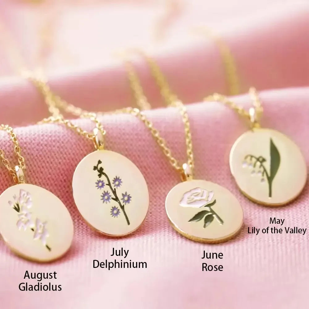Vintage Birth Month Flower Necklace for Women Stainless Steel Geometric Floral Oval Pendant Clavicle Chain Mothers Day Jewerly