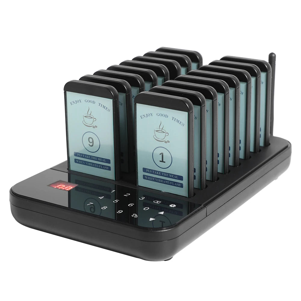 Wireless Restaurant Pager System Guest Customer Calling 16 Beepers Pager Buzzer For Restaurant Food Court Cafe Beach Bar