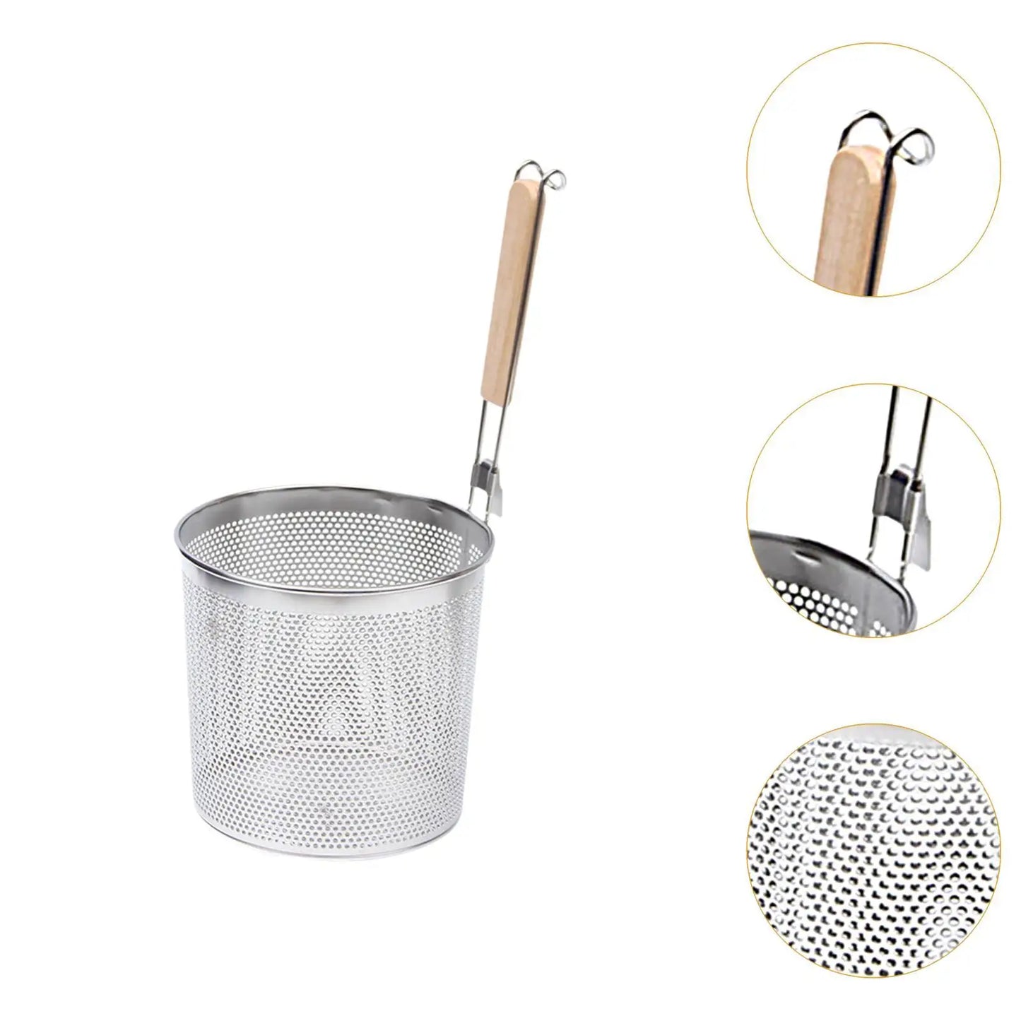 Stainless Steel Pasta Strainer Frying Serving Basket with Wood Handle for Onion