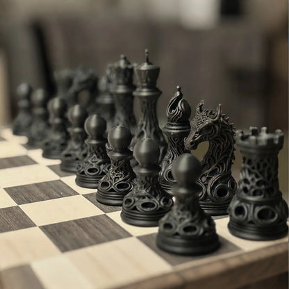 32pcs Gothic Dragon Chess Pieces Set Black White 3D Printed Hollow Design Tabletop Ornament Gift for Chess Lovers