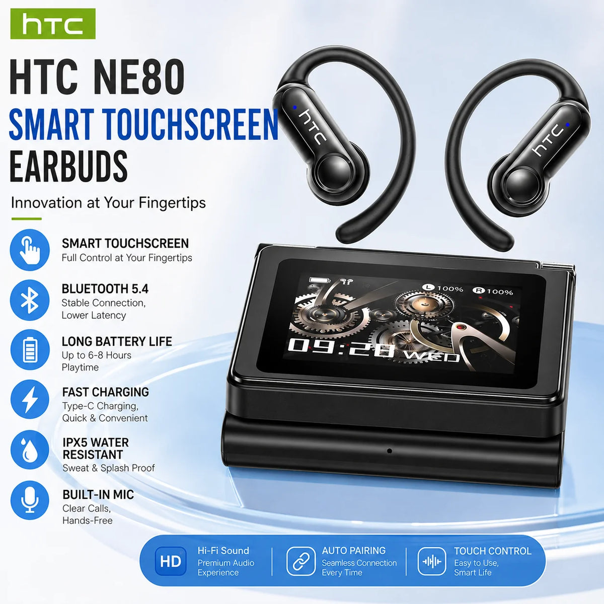 HTC NE80 TWS Wireless Bluetooth Cancelling Stereo Headset IPX5 Waterproof Long Playtime Sport Earbud with Digital Display