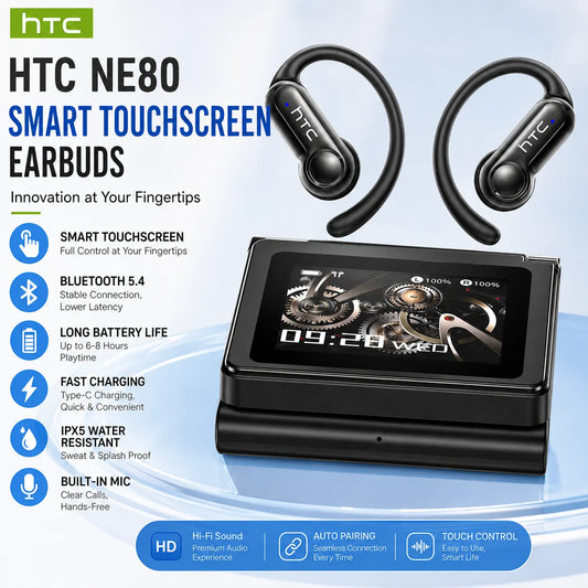 HTC NE80 TWS Wireless Bluetooth Cancelling Stereo Headset IPX5 Waterproof Long Playtime Sport Earbud with Digital Display