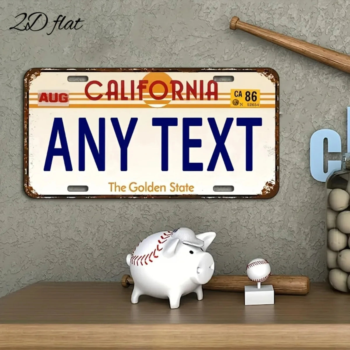 2D Flat Personalized California Custom Metal License Plate, Dustproof Waterproof for Home Car Wall Garage Decor (Decor Only)
