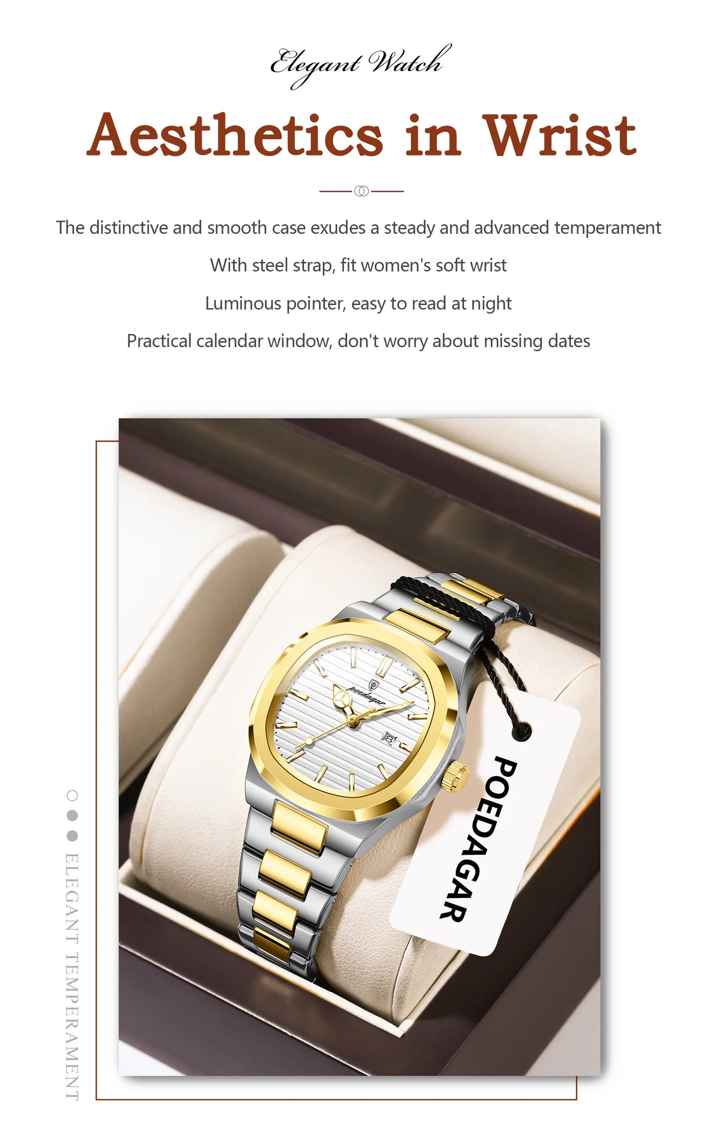 POEDAGAR Original Quartz Women Watch Stainless Steel Waterproof Luminous Ladies Watch Date Fashion Elegant Woman’s Watches Reloj