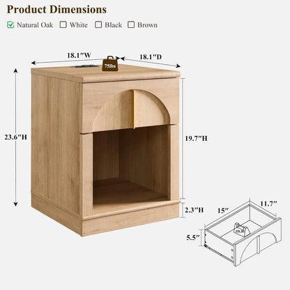 18Inch Modern Natural Oak Nightstand With Arched Panel Charging Station & Drawer Bedroom Bedside Side End Table, Customized