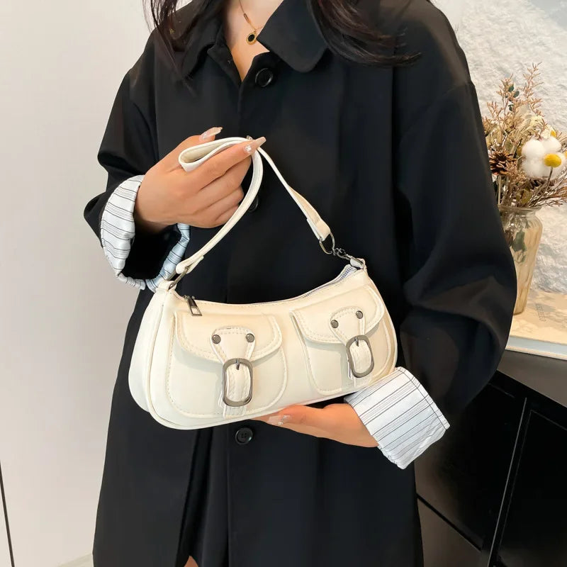 Fashion Pu Leather Women's Shoulder Bag Small Double Pocket Design Ladies Underarm Bags Y2k Vintage Female Handbags Clutch Purse