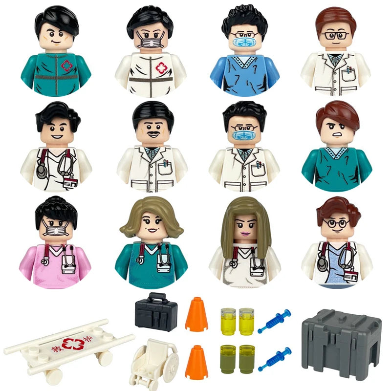 City character building block figure set, little block people, block accessories, engineer, doctor, firefighter, kids' toy