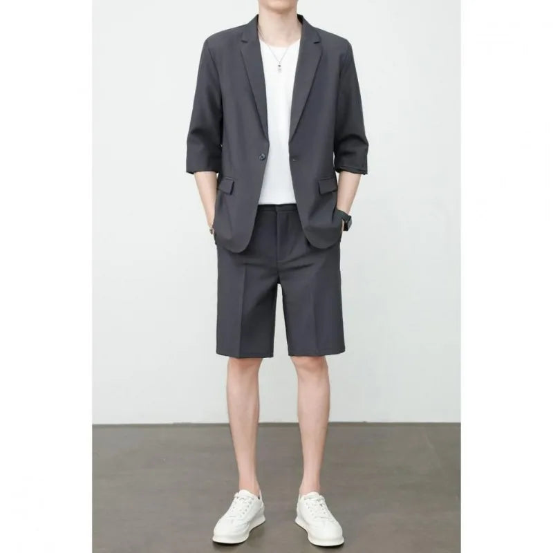 KIDWHXR Summer Men Outfit Thin Breathable Solid Color Male 2-piece Suit Set Loose Business Casual Man Short Sleeve Suits
