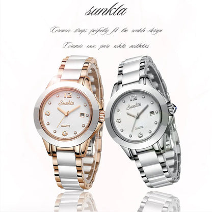 LIGE Brand SUNKTA Fashion Casual Woman Watch Ceramic Simple Bracelet Quartz Ladies Watches Date Waterproof Women's Wristwatches