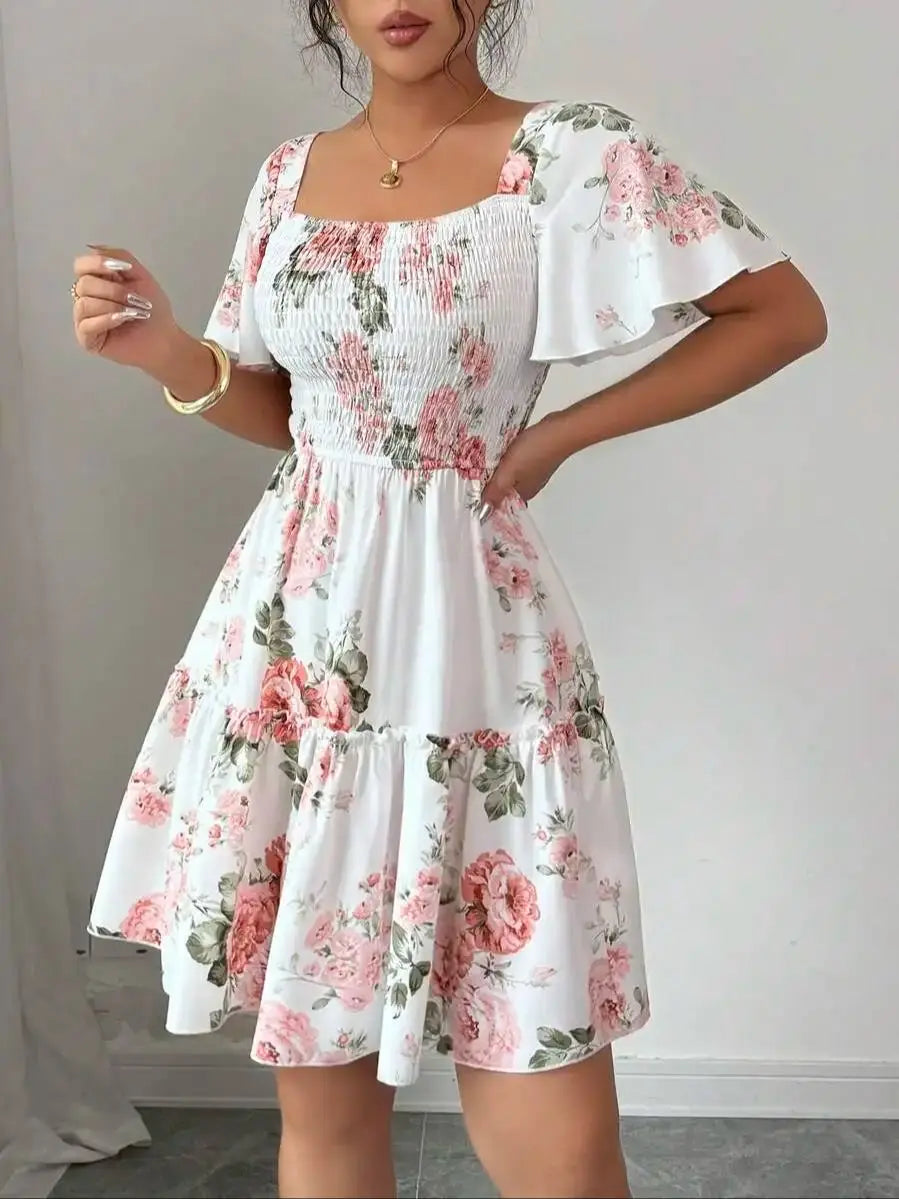Women Floral Print Sashes Ruffle Hem Short Sleeve Casual Dress, Vacation Style Women's Evening Dresses