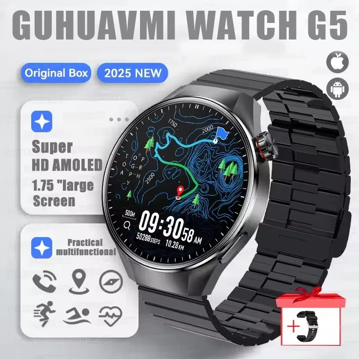 2025 New Watch G5 PlUS Smart Watch Men 1.75"AMOLED Screen GPS Track Compass Heart Rate Bluetooth Call SmartWatch For Android IOS
