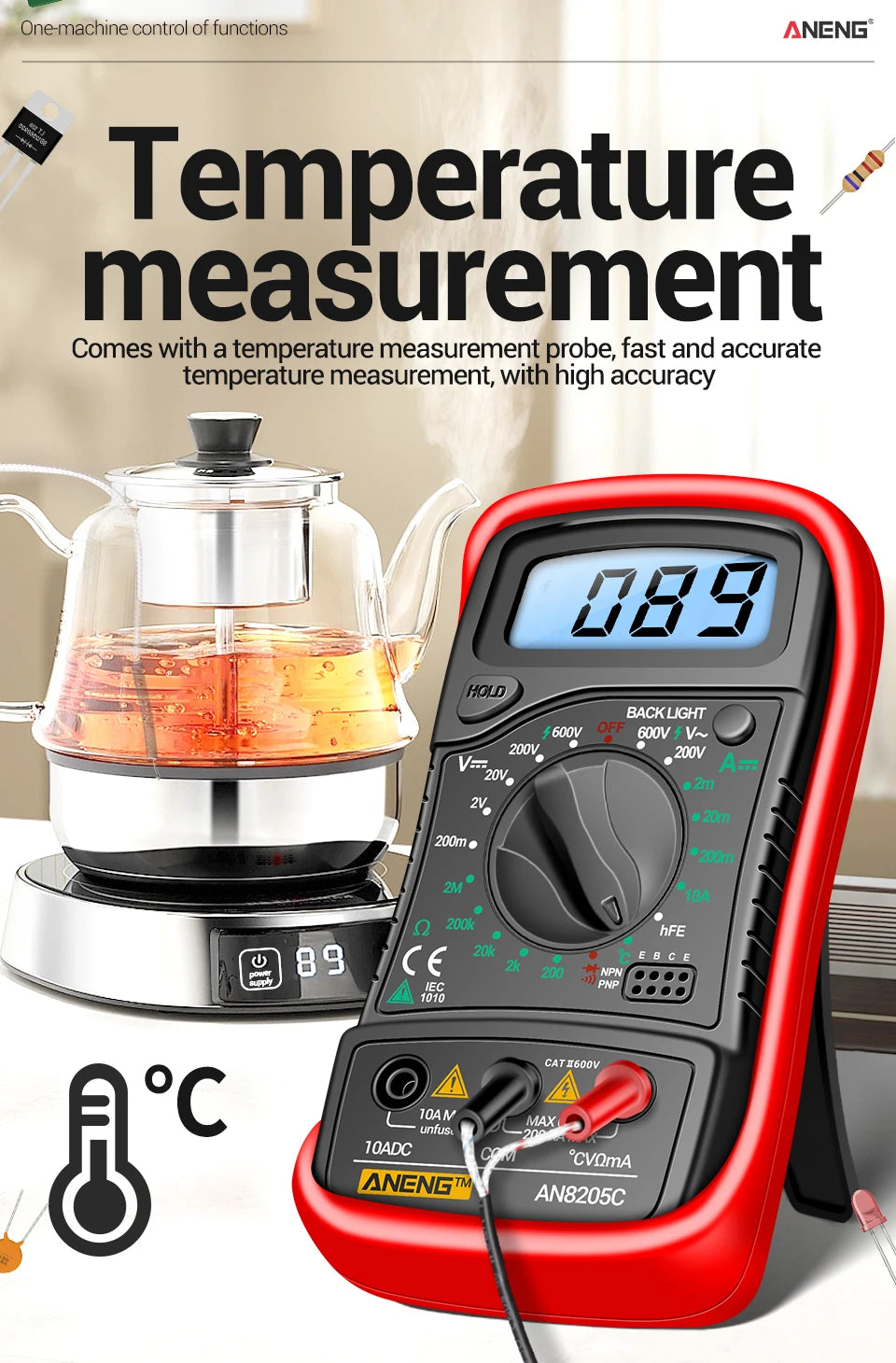 Digital Multimeter Professional ANENG AN8205C AC/DC Voltage Meter DC Current Resistance Diode -40℃~1000℃ LCD Backlight Tester