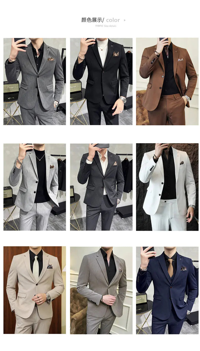 High quality Korean slim fit (suit + trousers) Fashion business handsome casual solid color wedding suit two-piece set