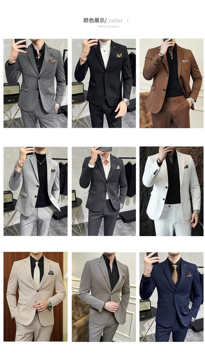 High quality Korean slim fit (suit + trousers) Fashion business handsome casual solid color wedding suit two-piece set