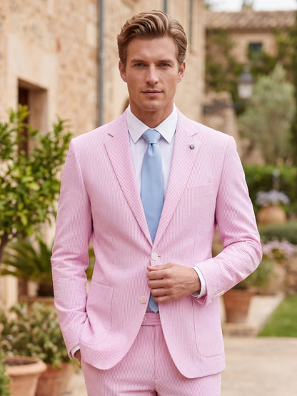 Men Summer Striped Seersucker 2 Piece Suit Wrinkle Free Light Blazer Trousers All Match Gentleman Daily Outfit