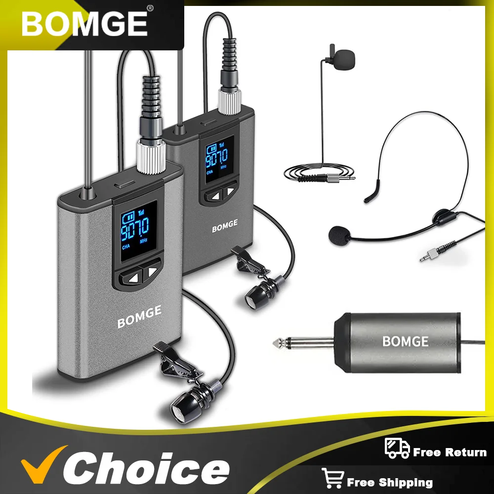 BOMGE Dual Wireless Microphone System Headset Mic/Stand Mic/Lavalier Lapel Mic with Rechargeable Bodypack Transmitter & Receiver