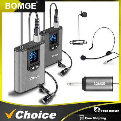 BOMGE Dual Wireless Microphone System Headset Mic/Stand Mic/Lavalier Lapel Mic with Rechargeable Bodypack Transmitter & Receiver