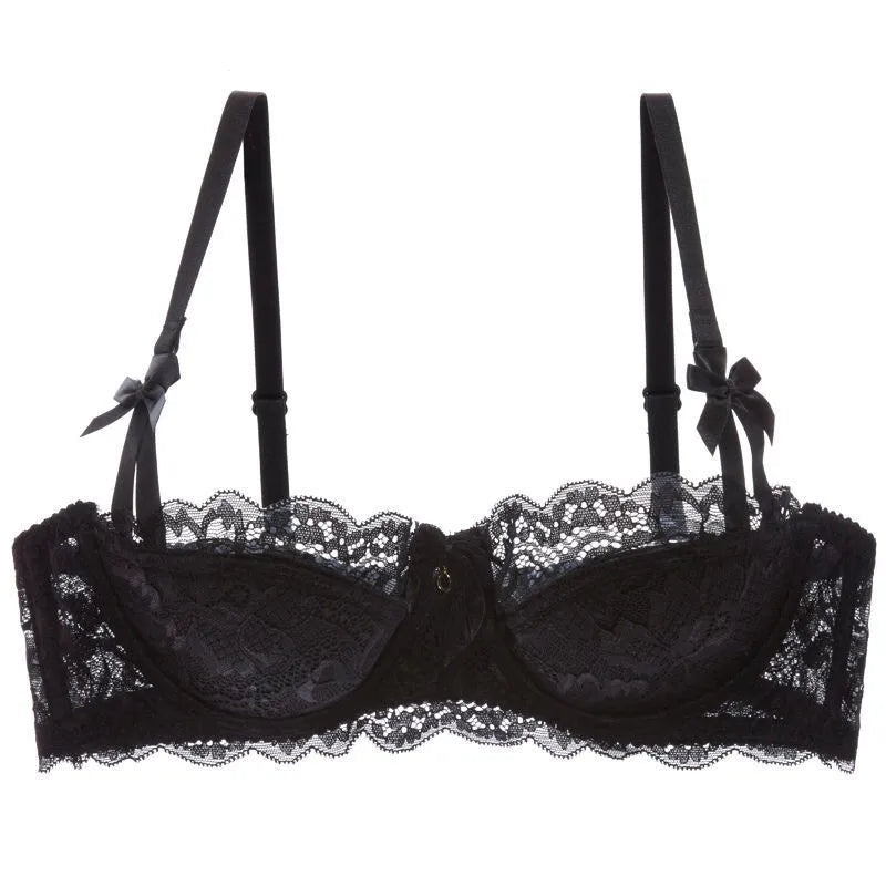 French Pure Passion Bow Shaped Shoulder Strap Lace Sexy Half Cup Push Up Bra Set Women's Thin Lingerie Big Breast Small Cup S-XL