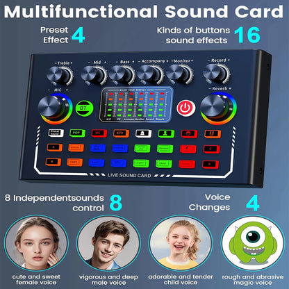 F009 Live Sound Card Broadcast quipment,Bluetooth Audio DJ Mixer with Microphone Set Device For Smartphone Live Streaming