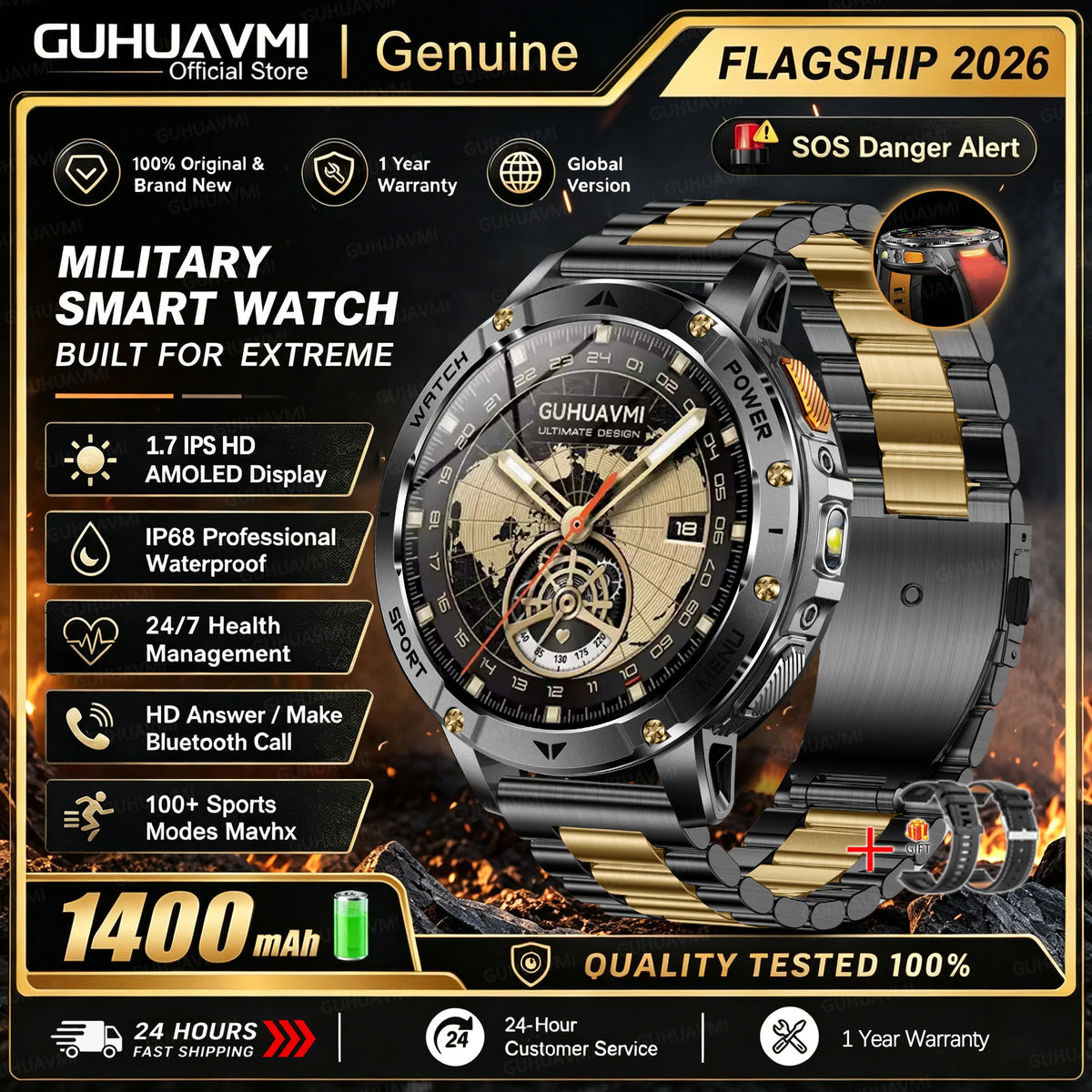 1400mAh Large Battery Military Smart Watch Men 1.7"HD Bluetooth Call 10ATM Waterproof LED Flash SOS Health Monitor Sport Watches