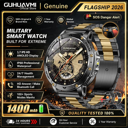 1400mAh Large Battery Military Smart Watch Men 1.7"HD Bluetooth Call 10ATM Waterproof LED Flash SOS Health Monitor Sport Watches