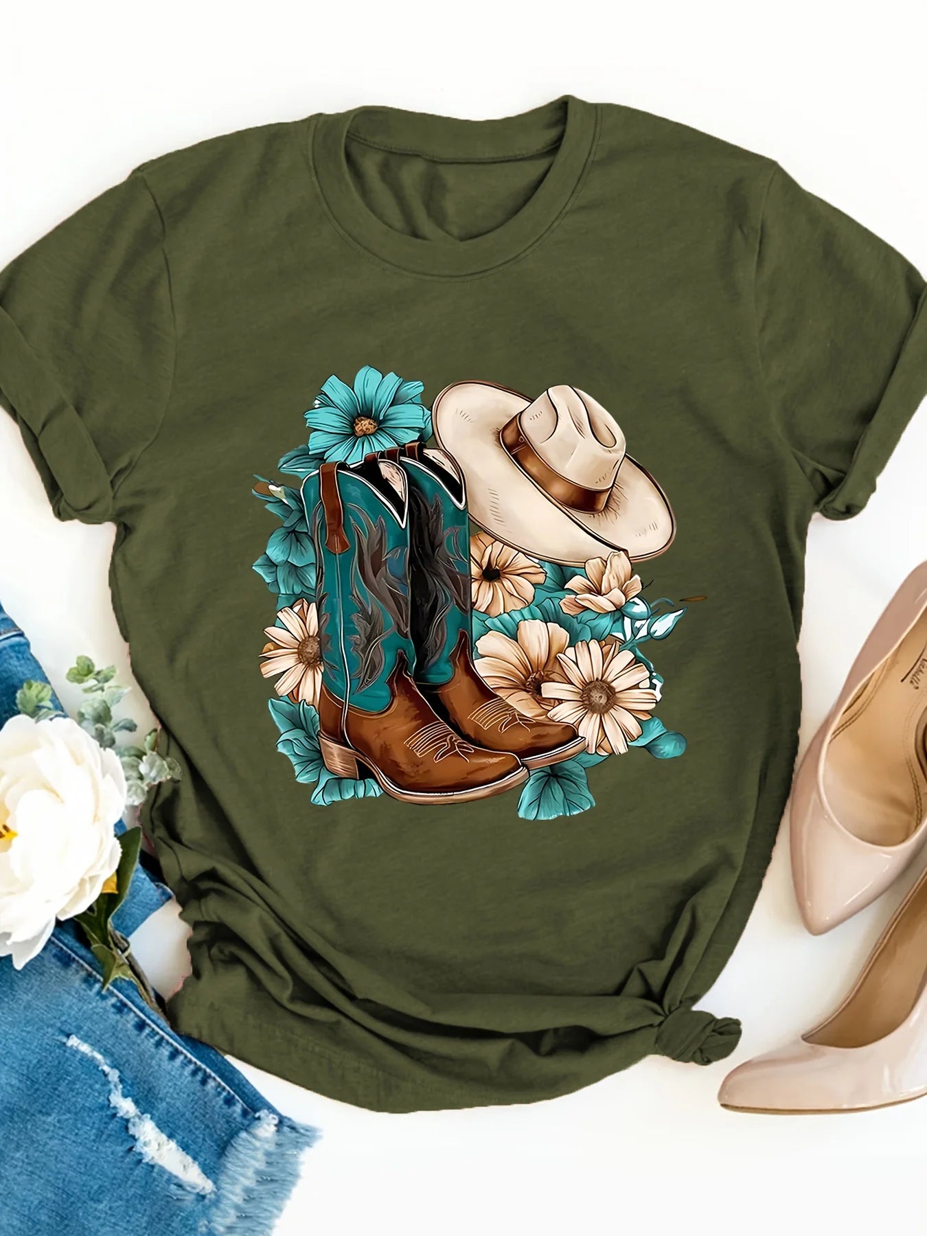 Floral Cowboy Boots Women's Tee - Western Style Graphic, Country-Inspired Print for Casual Daily Wear