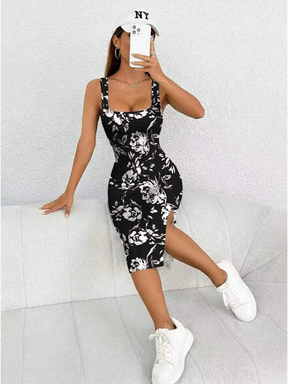 Women's Summer Casual Elegant Comfortable Square Neck Geometric Pattern Floral Pattern Slit Dress Mid Length Skirt
