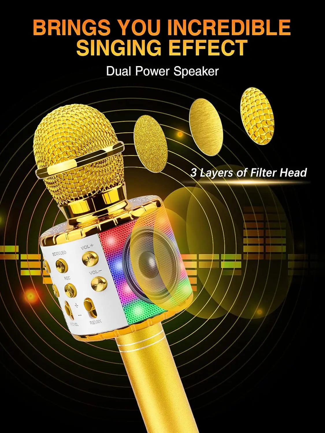 Wireless Bluetooth Karaoke Microphone with Built-in Speaker, Portable Singing Microphone for Kids Adults  with RGB Lights