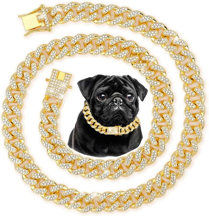Cuban Chain Dog Collar Stainless Steel Adjustable Safety Buckle Walking Collar for Small Medium Breeds