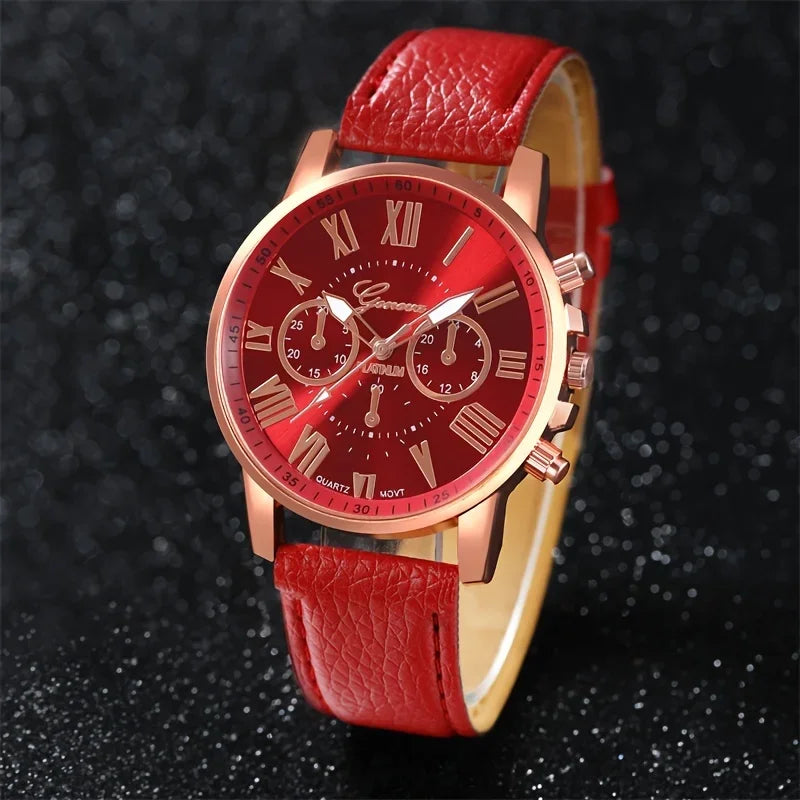 9-piece fashionable watch set, unisex quartz movement, round zinc alloy case, faux leather strap, none, mixed colors,
