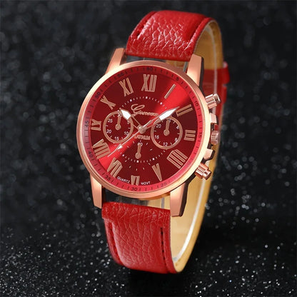 9-piece fashionable watch set, unisex quartz movement, round zinc alloy case, faux leather strap, none, mixed colors,