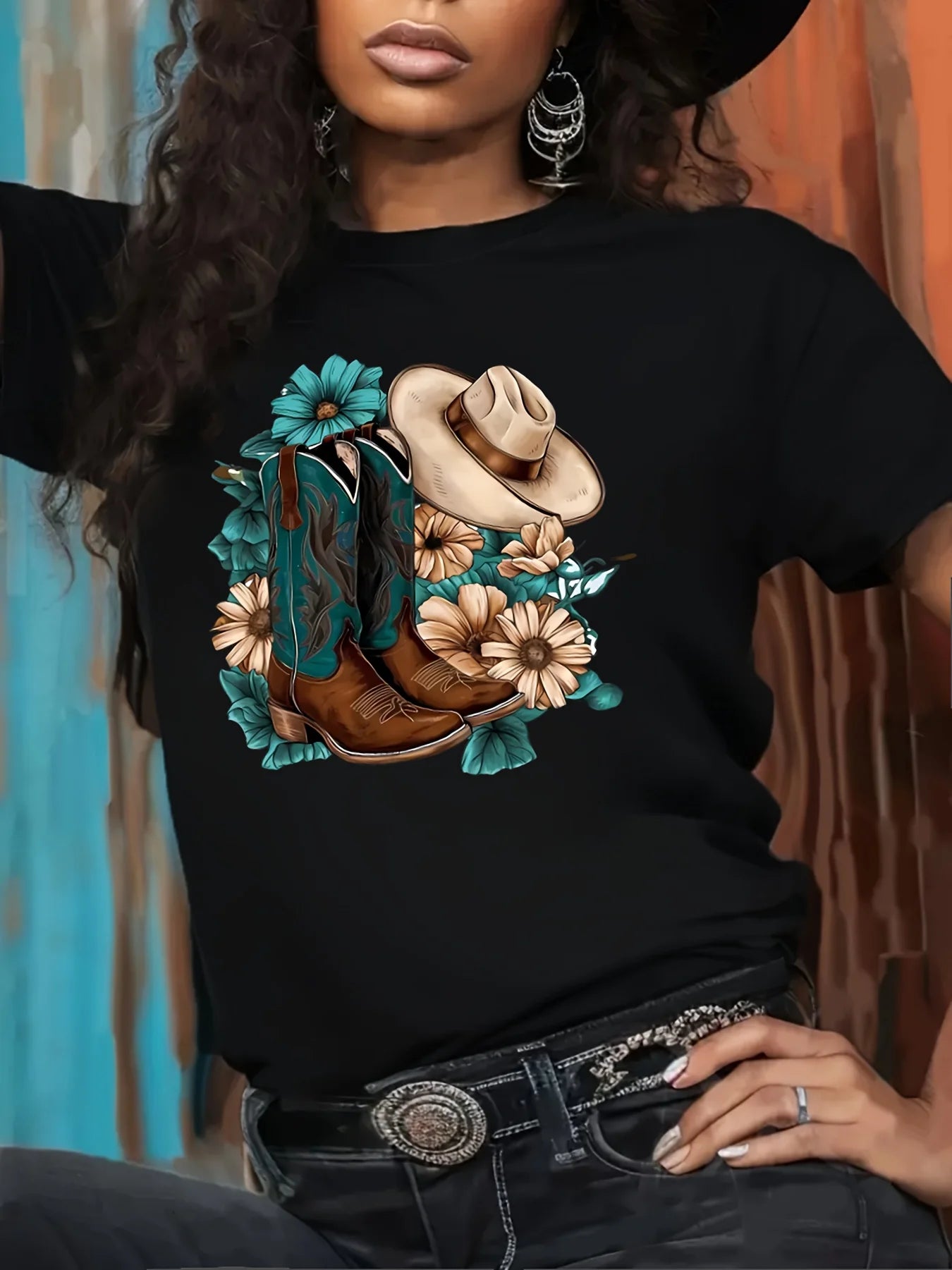 Floral Cowboy Boots Women's Tee - Western Style Graphic, Country-Inspired Print for Casual Daily Wear