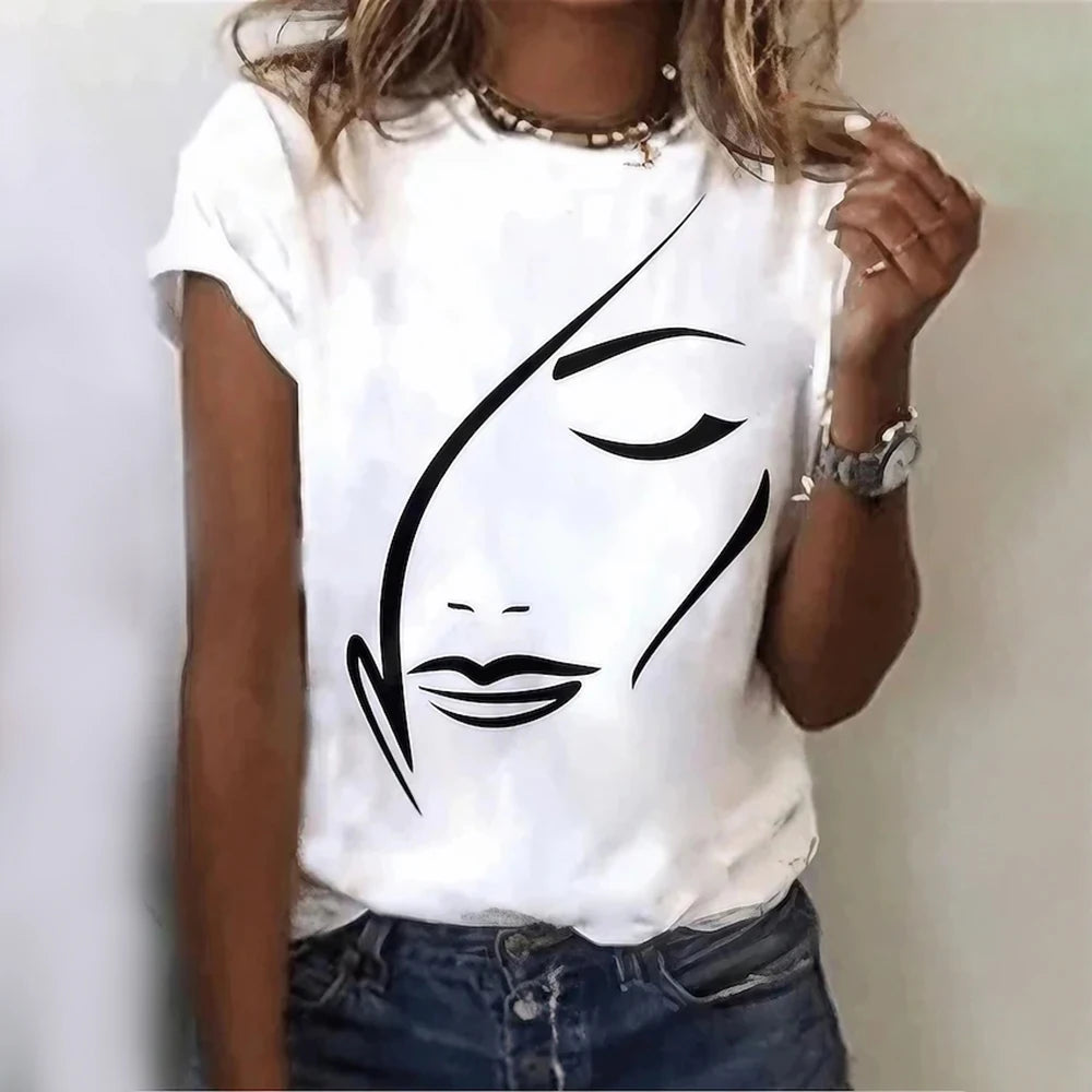 Summer Breathable Women's Fashion Short Sleeve T-Shirt Funny 3d Abstract Face Printed T-Shirts 2024 New Round Neck Tops Tees
