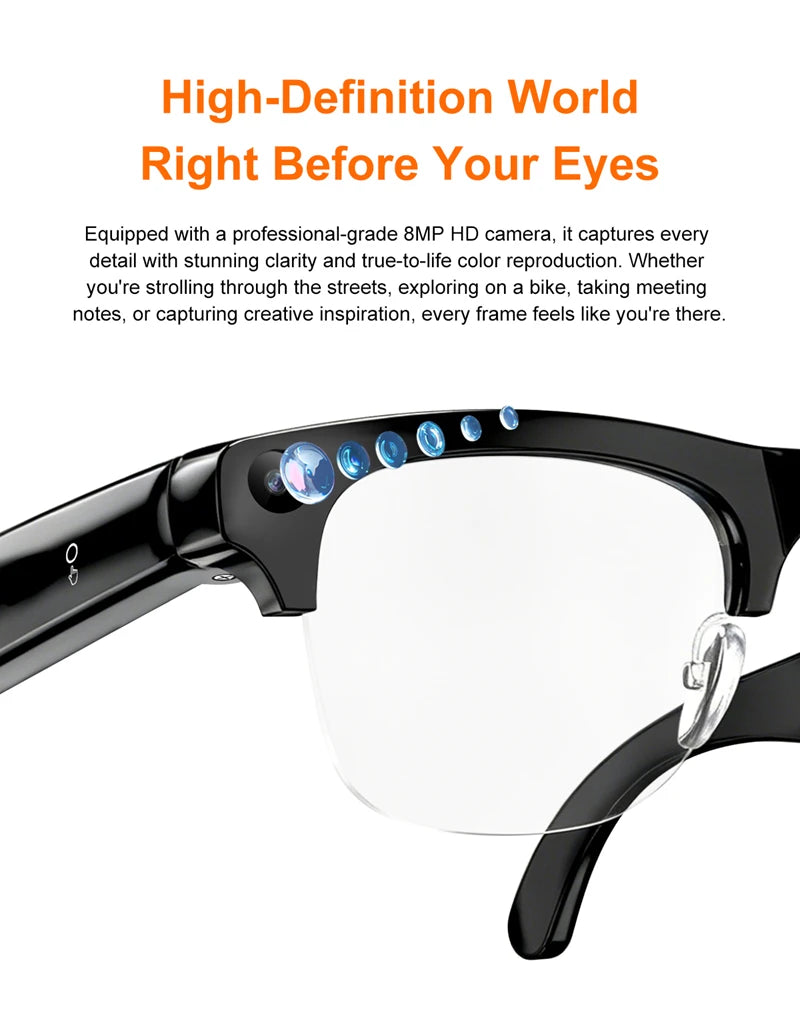 Semi-frame 1200W Pixel Camera Glasses with AI Voice Translation Smart Bluetooth Features Includes 3 Lense Travel Office